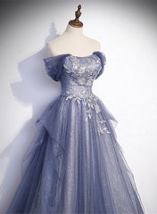 Blue-Grey Long A-line Off Shoulder Party Dress Outfits For Girls, New A-line Prom Dress Outfits For Women Evening Dress
