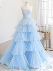 Blue High Low Tulle Prom Dresses For Black girls For Women, Blue Tulle High Low Formal Graduation Dresses