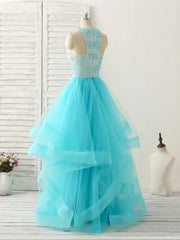 Blue High Neck Tulle Long Prom Dress Outfits For Women Blue Evening Dress