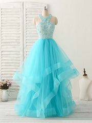 Blue High Neck Tulle Long Prom Dress Outfits For Women Blue Evening Dress