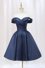 Blue Knee Length Satin Short Prom Dress Outfits For Girls, Off the Shoulder Blue Homecoming Dress