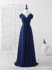 Blue Lace Chiffon Long Prom Dress Outfits For Women Blue Bridesmaid Dress