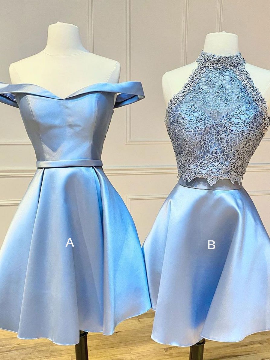 Blue lace satin short cocktail Dress Outfits For Girls, blue homecoming dress