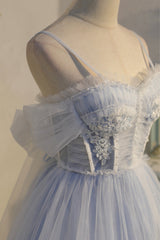 Blue Lace Short A-Line Prom Dress Outfits For Girls, Blue Spaghetti Straps Homecoming Party Dress