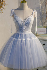 Blue Lace Short A-Line Prom Dress Outfits For Girls, Cute V-Neck Homecoming Party Dress
