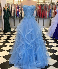 Blue Lace Tulle Long Prom Dresses, Blue Lace Ball Gown, Blue Lace Formal Dresses, Evening Dresses