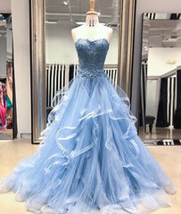 Blue Lace Tulle Long Prom Dresses, Blue Lace Ball Gown, Blue Lace Formal Dresses, Evening Dresses