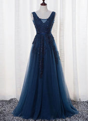 Blue Long A-line Bridesmaid Dress Outfits For Girls, Dark Blue Tulle Party Dress