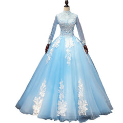 Blue Long Sleeves lace Tulle Sweet 16 Dress Outfits For Girls, Light Blue Ball Gown Formal Dress Outfits For Girls, Party Dress