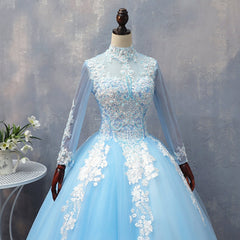 Blue Long Sleeves lace Tulle Sweet 16 Dress Outfits For Girls, Light Blue Ball Gown Formal Dress Outfits For Girls, Party Dress