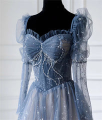 Blue Long Sleeves Sweetheart Beaded Tulle Formal Dress Outfits For Girls, Blue A-line Prom Dress