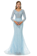 Neckline Long Sleeve Mermaid Lace Pattern Tulle Beading Prom Dresses