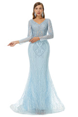 Neckline Long Sleeve Mermaid Lace Pattern Tulle Beading Prom Dresses