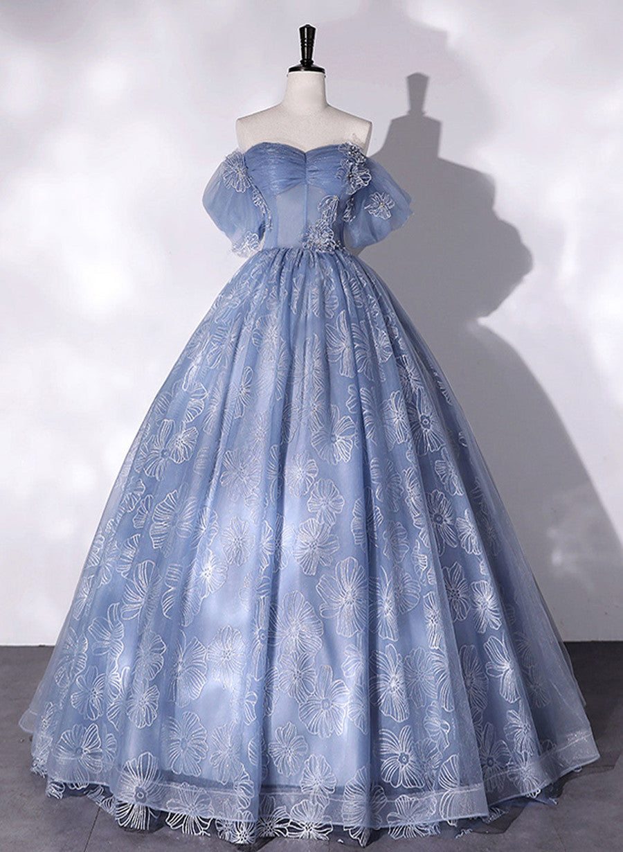 Blue Off Shoulder Ball Gown Floral Tulle Party Dress Outfits For Girls, Blue Sweet 16 Dress