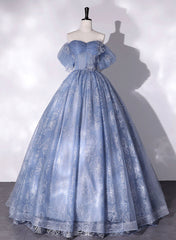 Blue Off Shoulder Ball Gown Floral Tulle Party Dress Outfits For Girls, Blue Sweet 16 Dress