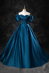 Blue Off the Shoulder Satin Floor Length Prom Dress Outfits For Women with Corset, Blue Evening Party Dress