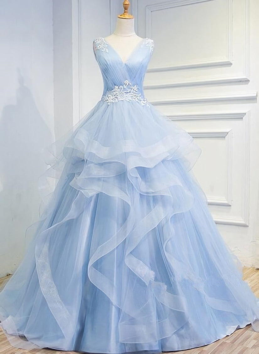 Blue Prom Dresses For Black girls V-neck Ball Gown Sweep Train Party Dress Outfits For Girls, Sweet 16 Gown