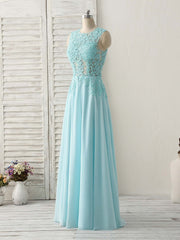Blue Round Neck Lace Chiffon Long Prom Dress Outfits For Girls, Blue Long Formal Dresses