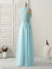 Blue Round Neck Lace Chiffon Long Prom Dress Outfits For Girls, Blue Long Formal Dresses