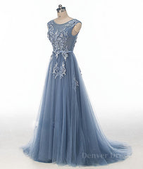 Blue round neck tulle lace applique long prom dress, blue evening dress