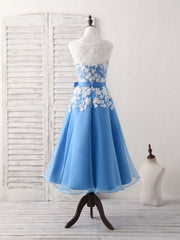 Blue Round Neck Tulle Lace Applique Tea Long Prom Dress Outfits For Girls, Bridesmaid Dress