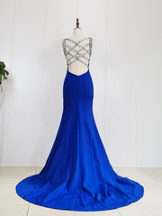 Blue Satin Beads Long Mermaid Prom Dress Outfits For Women Blue Formal Dress