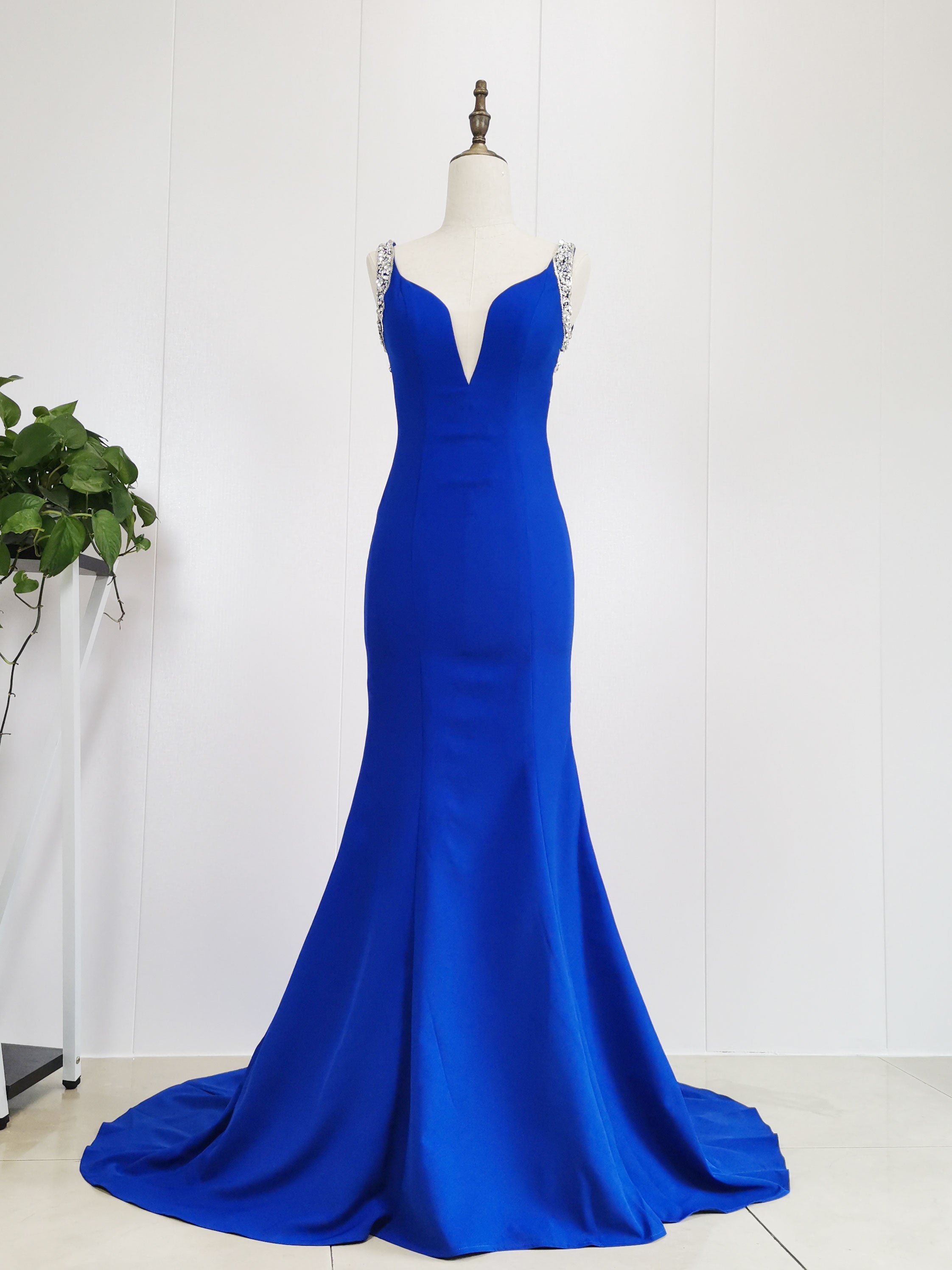 Blue Satin Beads Long Mermaid Prom Dress Outfits For Women Blue Formal Dress