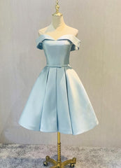 Blue Satin Cute Short Homecoming Dress Outfits For Girls, Off Shoulder Party Dress
