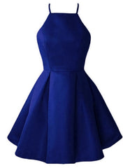 Blue Satin Halter Knee Length Bridesmaid Dress Outfits For Girls, Royal Blue Homecoming Dress