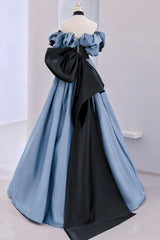 Blue Satin Lace Long Prom Dress Outfits For Girls, Off Shoulder Evening Party Dress