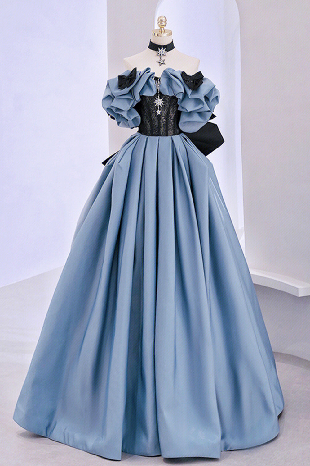 Blue Satin Lace Long Prom Dress Outfits For Girls, Off Shoulder Evening Party Dress