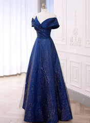 Blue Satin Long A-line Formal Dress Outfits For Women Prom Dress Outfits For Girls, Off Shoulder Blue Evening Dress