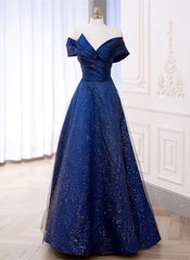 Blue Satin Long A-line Formal Dress Outfits For Women Prom Dress Outfits For Girls, Off Shoulder Blue Evening Dress