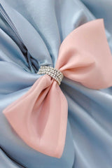 Blue Satin Long Princess Dress Outfits For Girls, Cute Short Sleeve Ball Gown Sweet 16 Dress