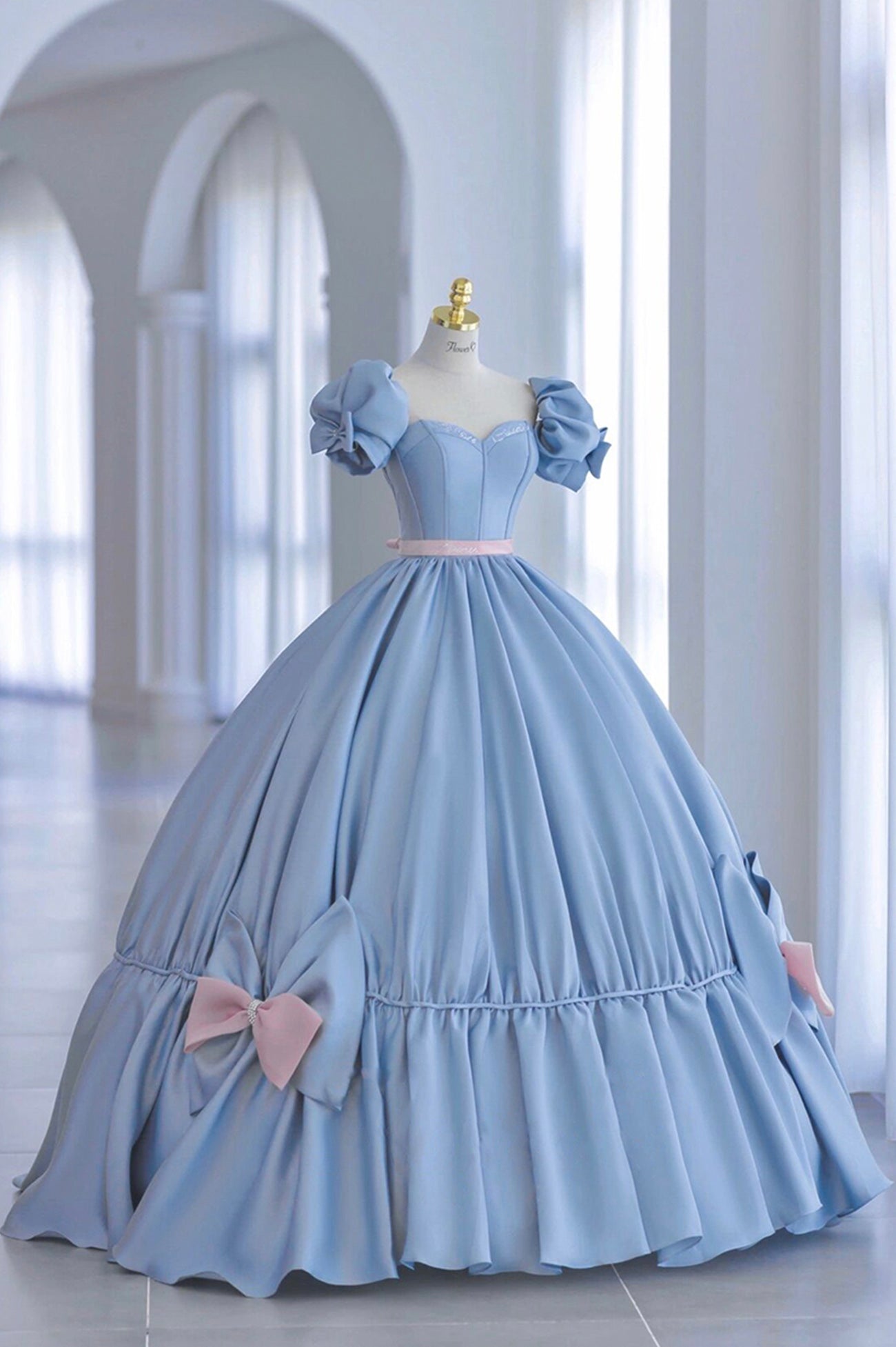 Blue Satin Long Princess Dress Outfits For Girls, Cute Short Sleeve Ball Gown Sweet 16 Dress