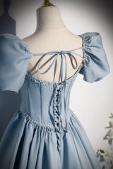 Blue Satin Long Prom Dress Outfits For Women with Pearls, Blue Short Sleeves A-line Evening Dress