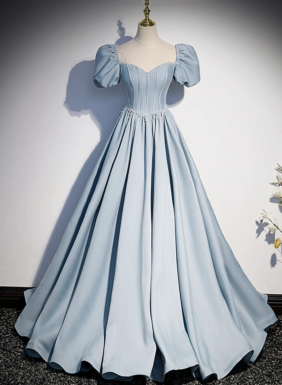 Blue Satin Long Prom Dress Outfits For Women with Pearls, Blue Short Sleeves A-line Evening Dress