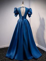 Blue Satin Long Prom Dress Outfits For Women with Short Sleeves, Blue Evening Formal Dress