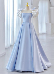 Blue Satin Short Sleeves with Bow Lace-up Party Dress Outfits For Girls, Blue Prom Dress