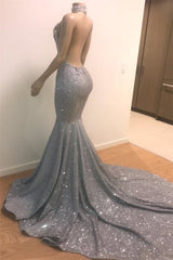 Blue Sequins Backless Long Mermaid Crystal Beaded Prom Dress