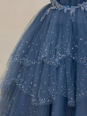 Blue Shiny Tulle Long Beaded A-line Prom Dress Outfits For Girls, Blue Floor Length Party Dress