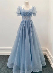 Blue Shiny Tulle Short Sleeves Long Formal Dress Outfits For Girls, Blue A-line Prom Dress