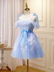 Blue Short Prom Dress Outfits For Girls, Puffy Cute Blue Homecoming Dress Outfits For Women with Lace