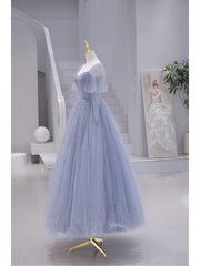 Blue Short Sleeves Tulle Long Sweetheart Party Dress Outfits For Girls, A-line Blue Prom Dress