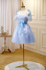 Blue Spaghetti Strap Lace Short Prom Dress Outfits For Girls, Lovely A-Line Homecoming Dress