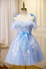 Blue Spaghetti Strap Lace Short Prom Dress Outfits For Girls, Lovely A-Line Homecoming Dress