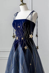 Blue Spaghetti Strap Long Prom Dress Outfits For Women with Star, Blue Evening Party Dress