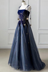 Blue Spaghetti Strap Long Prom Dress Outfits For Women with Star, Blue Evening Party Dress