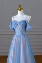 Blue Spaghetti Strap Tulle Long Prom Dress Outfits For Girls, A-Line Evening Dress