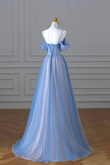Blue Spaghetti Strap Tulle Long Prom Dress Outfits For Girls, A-Line Evening Dress